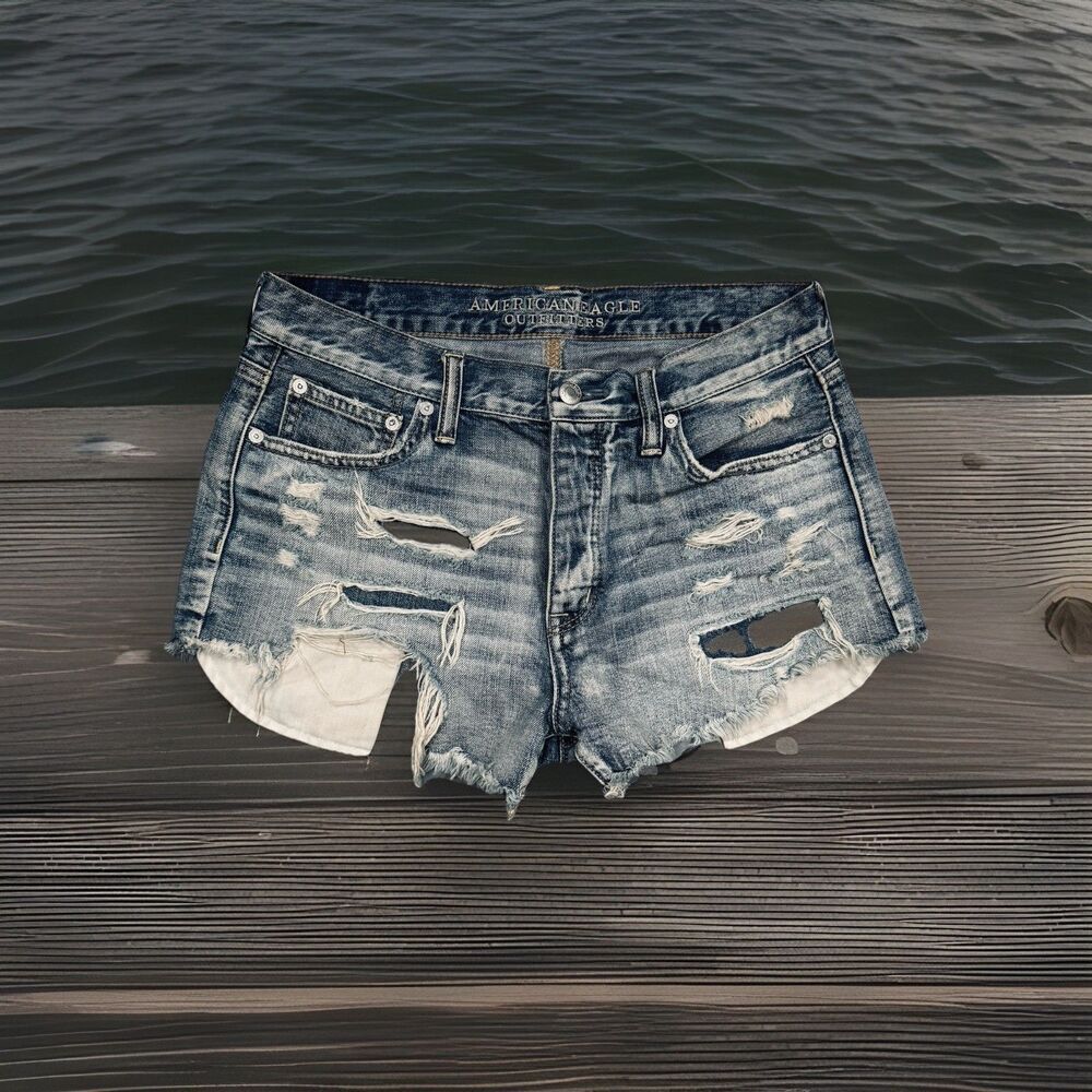 American Eagle Hi Rise Festival Shorts 8 W29 Blue Button Distressed Patch Womens